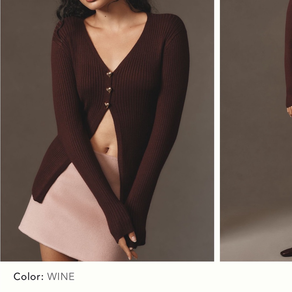 NWT: Wine Ribbed Cardigan with Heart Buttons